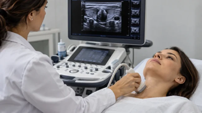 A ultrassonografia avalia a estrutura da glândula e não substitui os testes hormonais. Imagem gerada por IA.
