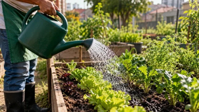 Representação de um regador molha cuidadosamente a base das plantas num canteiro comunitário. Imagem gerada por IA.