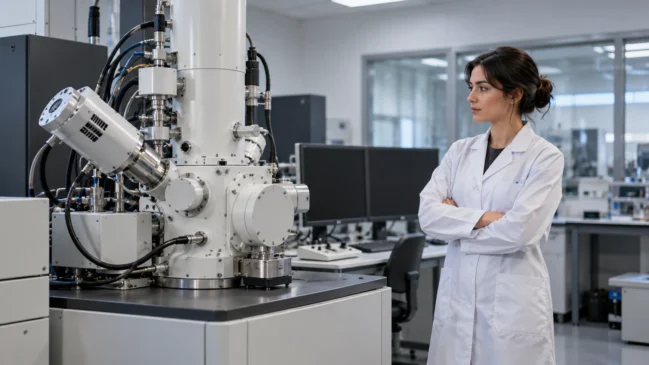 Pesquisadora acompanha um equipamento de microscopia eletrônica em um laboratório de caracterização. A cena representa a obtenção de observações experimentais que podem ser comparadas com previsões computacionais. Imagem gerada por IA.
