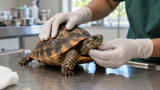 Representação de um profissional visto apenas pelas mãos com luvas avalia cuidadosamente um jabuti numa bancada veterinária. Imagem gerada por IA.