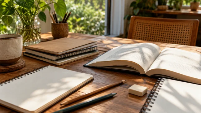 Representação de cadernos sem inscrições, lápis e um livro aberto compõem uma mesa de criação literária. Imagem gerada por IA.
