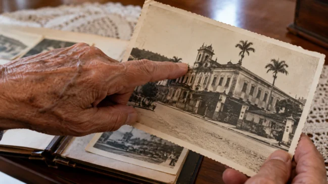 Representação de uma mão idosa aponta para uma construção numa fotografia histórica sem texto legível. Imagem gerada por IA.