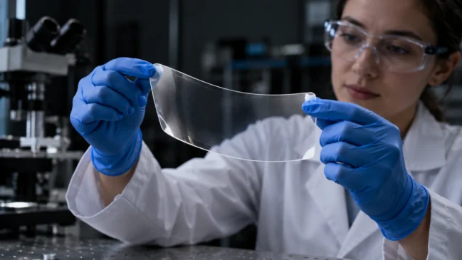 Pesquisadora com luvas segura uma película transparente ligeiramente curvada diante de uma bancada. A composição destaca a flexibilidade de superfícies sensíveis ao toque e sua possível integração a estruturas de diferentes formatos. Imagem gerada por IA.

