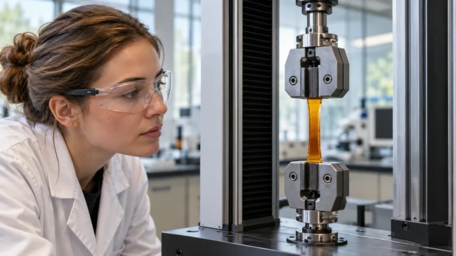 Pesquisadora observa uma tira de polímero presa entre as garras de uma máquina de tração. A composição representa os ensaios usados para avaliar alongamento e resistência mecânica de materiais flexíveis. Imagem gerada por IA.