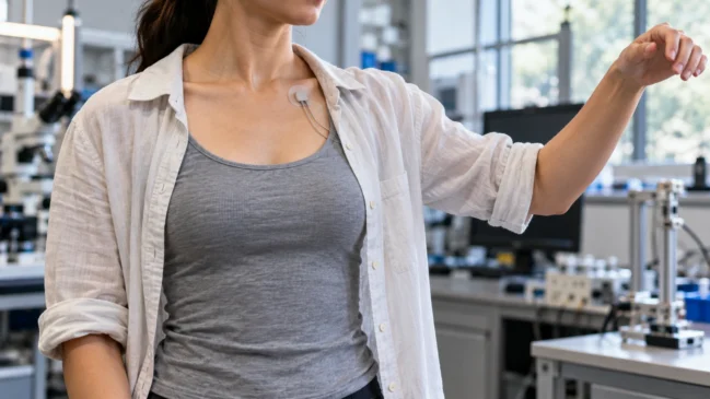 Uma pessoa ergue o braço enquanto utiliza um sensor no alto do peito. A composição representa o desafio de preservar a qualidade das medições quando o corpo muda de posição durante o uso de um dispositivo vestível. Imagem gerada por IA.
