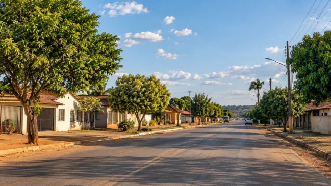 Uma rua de casas baixas e árvores representa o cotidiano de uma cidade do interior de Mato Grosso. Imagem gerada por IA.