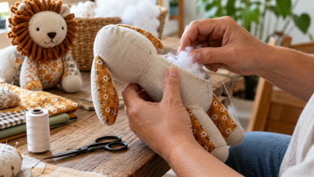 Representação de detalhe mostra a costura e o enchimento de um brinquedo artesanal de tecido. Imagem gerada por IA.
