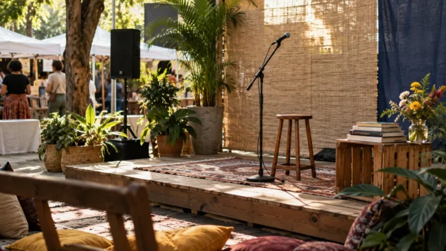 Representação de um pequeno palco vazio com microfone e livros sugere atividades de poesia numa feira cultural. Imagem gerada por IA.