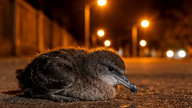 Filhote de ave marinha no chão de uma rua iluminada por postes durante a noite.