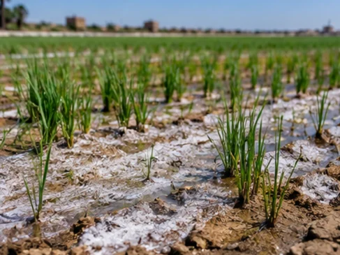 Plantação com pequenos brotos verdes crescendo em solo ressecado, com depósitos esbranquiçados de sal na superfície.