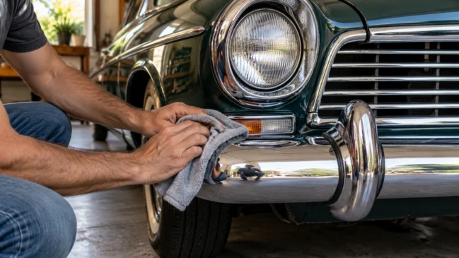 Representação de mãos adultas limpam uma peça cromada de um carro antigo numa garagem doméstica. Imagem gerada por IA.
