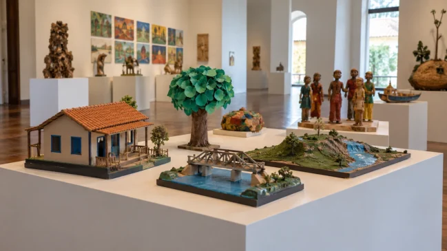 Representação de modelos escolares e trabalhos artísticos sem inscrições ocupam suportes numa sala de museu. Imagem gerada por IA.
