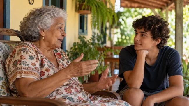 Conversas entre gerações ajudam a transmitir repertórios de expressões. Imagem gerada por IA.