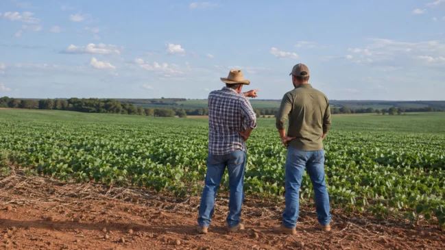 Dois adultos conversam na borda de uma área cultivada. A composição representa a troca de conhecimentos entre gerações. Imagem gerada por IA.