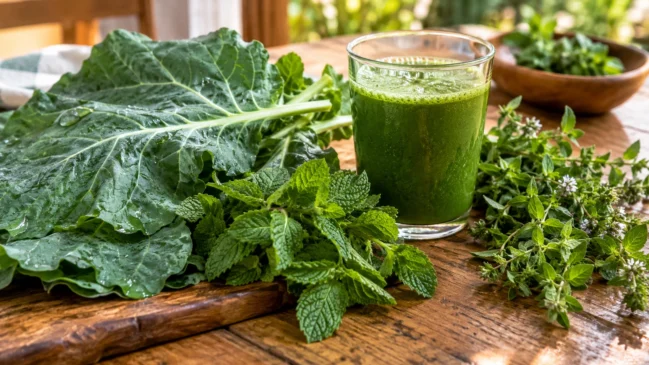 Representação de folhas de couve, hortelã e poejo estão reunidas numa mesa com um copo de suco verde. Imagem gerada por IA.