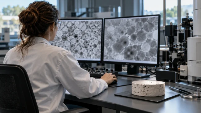 Pesquisadora observa duas telas com imagens ampliadas de superfícies e uma amostra cerâmica sobre a mesa. A composição representa a análise de resultados experimentais e computacionais em pesquisas de ciência dos materiais. Imagem gerada por IA.