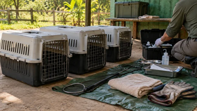 Representação de caixas de transporte ventiladas sem marcas estão preparadas ao lado de materiais de manejo veterinário. Imagem gerada por IA.