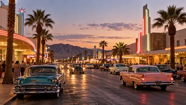 Reconstituição artística de uma paisagem urbana de Las Vegas em meados do século XX. Imagem gerada por IA.