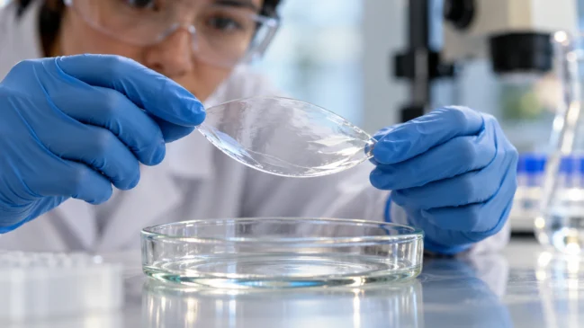 Mãos com luvas seguram pelas bordas uma amostra circular transparente que se curva levemente sobre um recipiente de vidro. A imagem representa a flexibilidade de materiais de hidrogel investigados para componentes ópticos. Imagem gerada por IA.