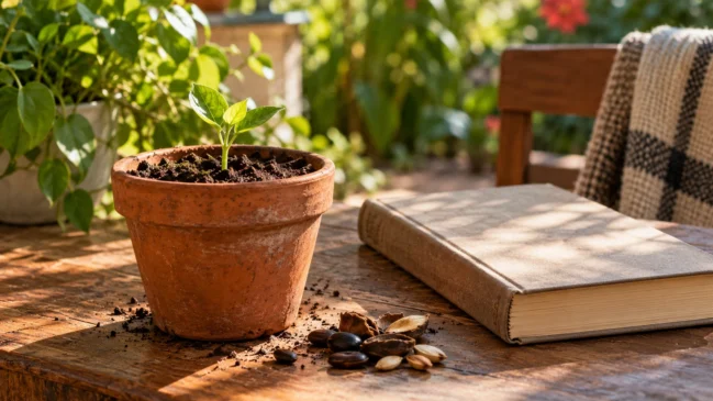 Representação de uma pequena muda emerge do solo de um vaso, ao lado de sementes e um livro fechado sem título. Imagem gerada por IA.