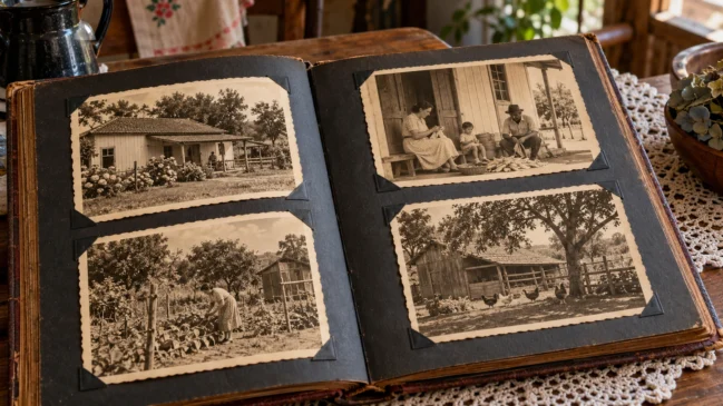 Representação de um álbum de família reúne fotografias antigas de casas rurais, jardins e cenas domésticas sem inscrições. Imagem gerada por IA.