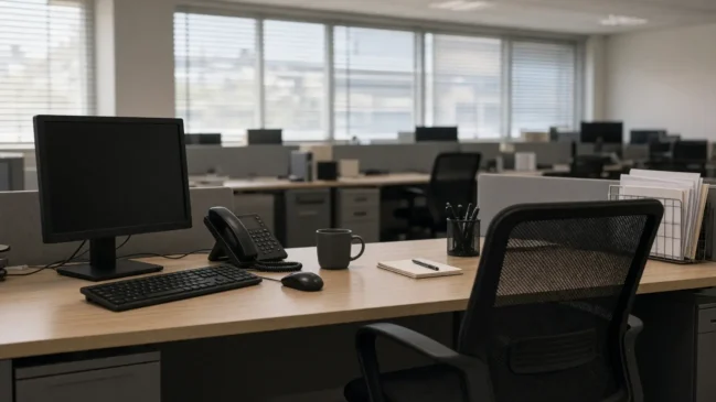 Mesa de escritório comercial vazia com monitor apagado e cadeira encaixada sob luz de persiana