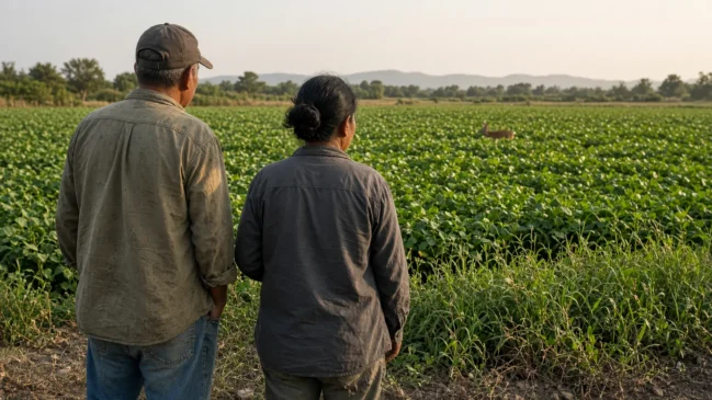 Dois moradores adultos de costas na beira do campo observando a plantação ao longe
