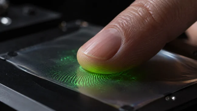 O contato entre um dedo e uma película transparente forma um padrão luminoso com os relevos da impressão digital. A imagem representa a leitura espacial de detalhes muito pequenos na região em que a pele toca o sensor. Imagem gerada por IA.

