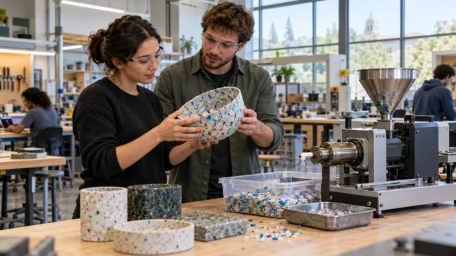 Duas pessoas examinam uma tigela de plástico reciclado em uma oficina com máquinas e outros objetos sobre a bancada. A cena representa a aprendizagem prática e a experimentação com reaproveitamento em espaços universitários. Imagem gerada por IA.