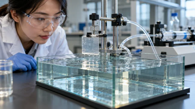 Pesquisadora acompanha uma montagem com tanque de vidro, suporte de amostra e tubos de coleta. A composição representa a integração de sensores e sistemas de amostragem em experimentos de monitoramento da água. Imagem gerada por IA.