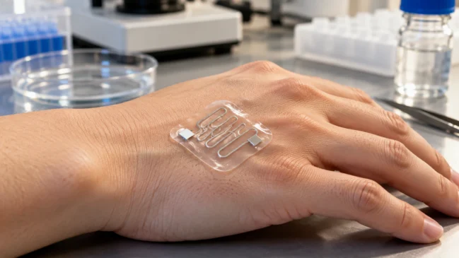 Pequeno sensor transparente com circuito em serpentina está apoiado sobre o dorso de uma mão. A imagem representa a integração de eletrodos e materiais flexíveis em dispositivos que entram em contato com a pele. Imagem gerada por IA.