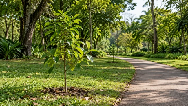 Uma árvore jovem cresce ao lado de um caminho em um parque. A imagem representa a paisagem e o tempo de transformação do espaço público. Imagem gerada por IA.