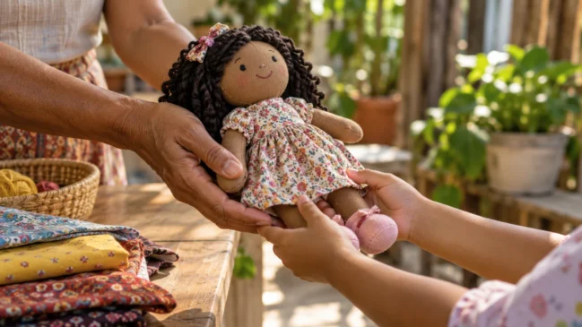 Representação de uma boneca de pano pronta é entregue entre mãos adultas e infantis, sem rostos no enquadramento. Imagem gerada por IA.
