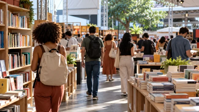 Representação de vários leitores vistos por trás circulam entre estantes e mesas de uma feira de livros. Imagem gerada por IA.