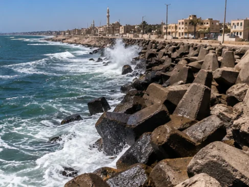 Ondas do mar atingem grandes blocos de concreto e pedras de contenção instalados diante de uma cidade costeira.
