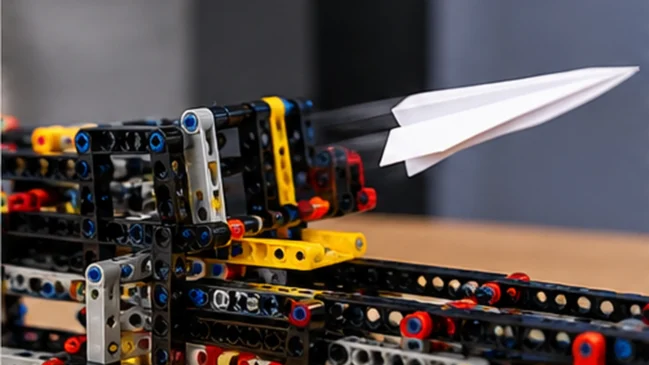Um mecanismo motorizado impulsiona o avião de papel, completando o ciclo sem intervenção manual.