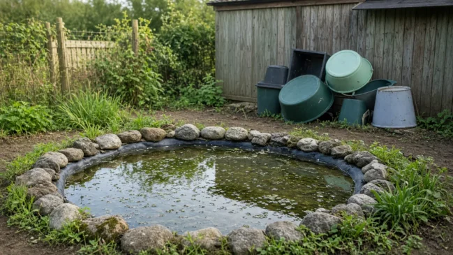 Bacia rasa com água no chão de jardim rural e recipientes guardados de cabeça para baixo ao fundo
