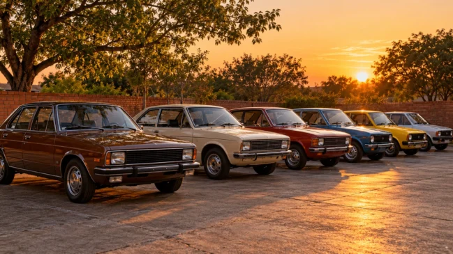 Representação de uma fileira de carros antigos recebe luz do fim da tarde num pátio urbano cercado por árvores. Imagem gerada por IA.