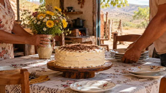 Representação de uma mesa de comemoração familiar simples tem um bolo sem letras, flores e pratos numa casa sertaneja. Imagem gerada por IA.