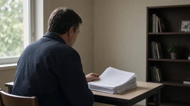 Pessoa de costas em três quartos examina pilha de papéis impressos à luz da janela