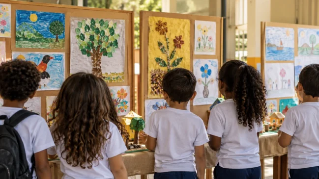 Representação de um grupo de crianças visto por trás observa uma exposição de trabalhos escolares, com rostos fora do enquadramento. Imagem gerada por IA.