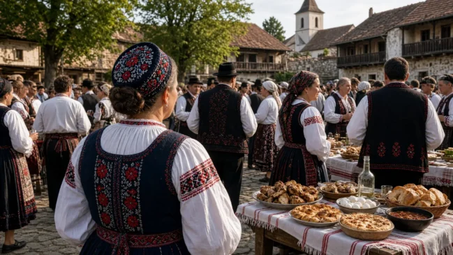 Celebração comunitária ao ar livre com trajes tradicionais e mesas de comida local