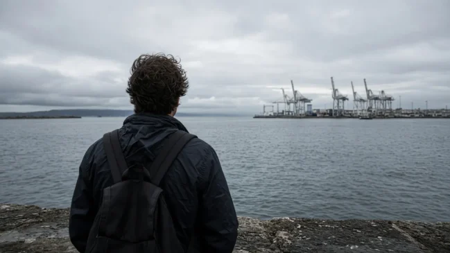 Adulto de costas no cais do porto olhando a água e guindastes distantes, mochila visível