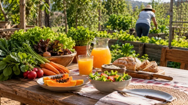 Representação de um café da manhã simples reúne hortaliças recém-colhidas e suco numa mesa junto à horta. Imagem gerada por IA.