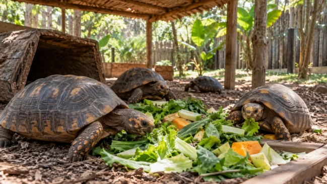 Representação de jabutis em área de acolhimento com sombra, abrigo e alimento apropriado sobre o solo. Imagem gerada por IA.