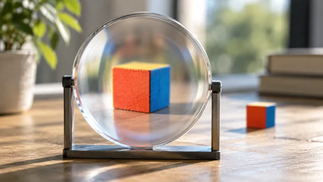 Um cubo colorido é observado através de uma lente circular montada verticalmente, com alterações visíveis em sua aparência. A cena representa o desvio da luz e a formação de imagem ao atravessar uma superfície curva transparente. Imagem gerada por IA.