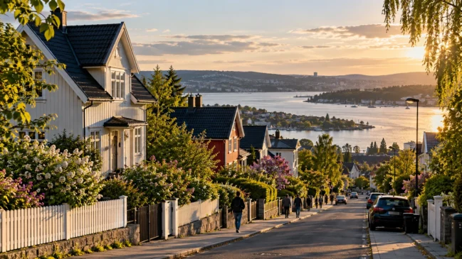 Uma paisagem residencial de Oslo em representação ilustrativa. Imagem gerada por IA.
