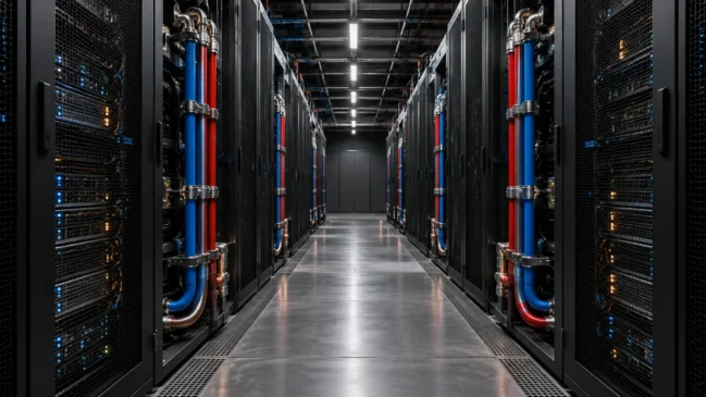 Um corredor de servidores reúne racks e tubulações laterais de refrigeração. A composição representa o contexto de infraestrutura digital em que a remoção do calor precisa ser considerada junto ao funcionamento dos equipamentos. Imagem gerada por IA.