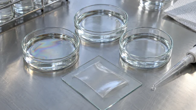 Três recipientes de vidro com amostras de água aparecem ao lado de uma película e de uma pipeta, com uma película oleosa visível em uma das amostras. A cena representa a comparação entre condições de água em ensaios de laboratório. Imagem gerada por IA.