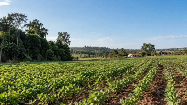 Uma área de cultivo aparece próxima a árvores e a uma casa rural. A cena representa a paisagem de trabalho de uma propriedade familiar. Imagem gerada por IA.